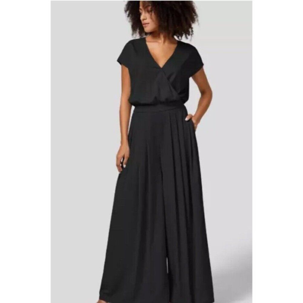 NWT Halara Short Sleeve Wide Leg Flowy Waffle Jumpsuit w/ Pockets - Black - XS